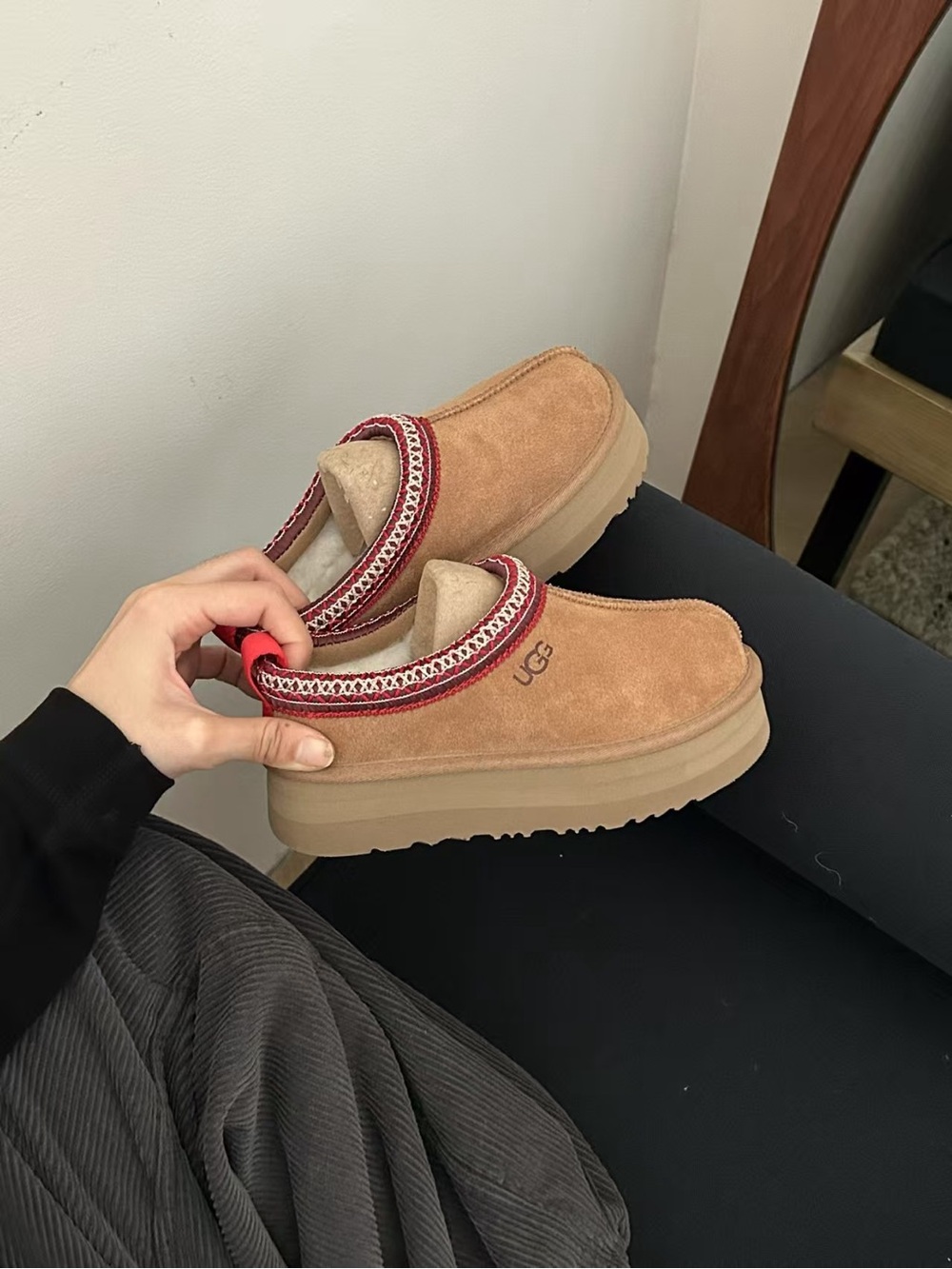 UGG Women's Chestnut Suede Platform Clog with Red Trim